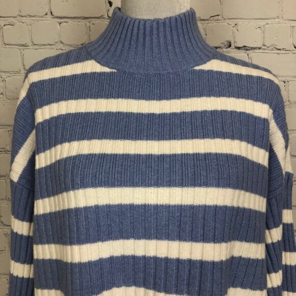 NWT LOFT Ribbed Mockneck Sweater Size M Blue White Stripe Oversized - Picture 4 of 8